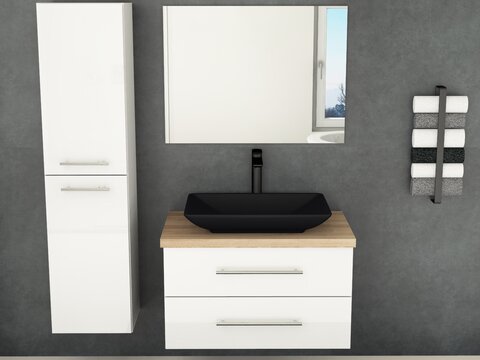 Flex Badmöbel 80, Weiß Hochglanz Lackiert, Keramik Waschbecken, Trägerplatte