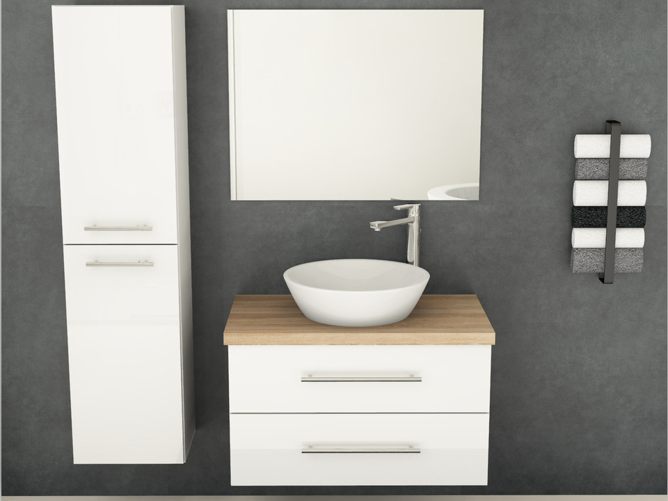 Flex Badm&ouml;bel 80, Wei&szlig; Hochglanz Lackiert, Keramik Waschbecken, Tr&auml;gerplatte