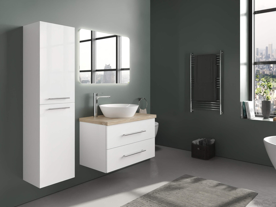 Flex Badm&ouml;bel 80, Wei&szlig; Hochglanz, Keramik Waschbecken, Tr&auml;gerplatte