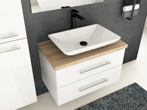 Flex Badmöbel 80, Weiß Hochglanz Lackiert, Keramik Waschbecken, Trägerplatte