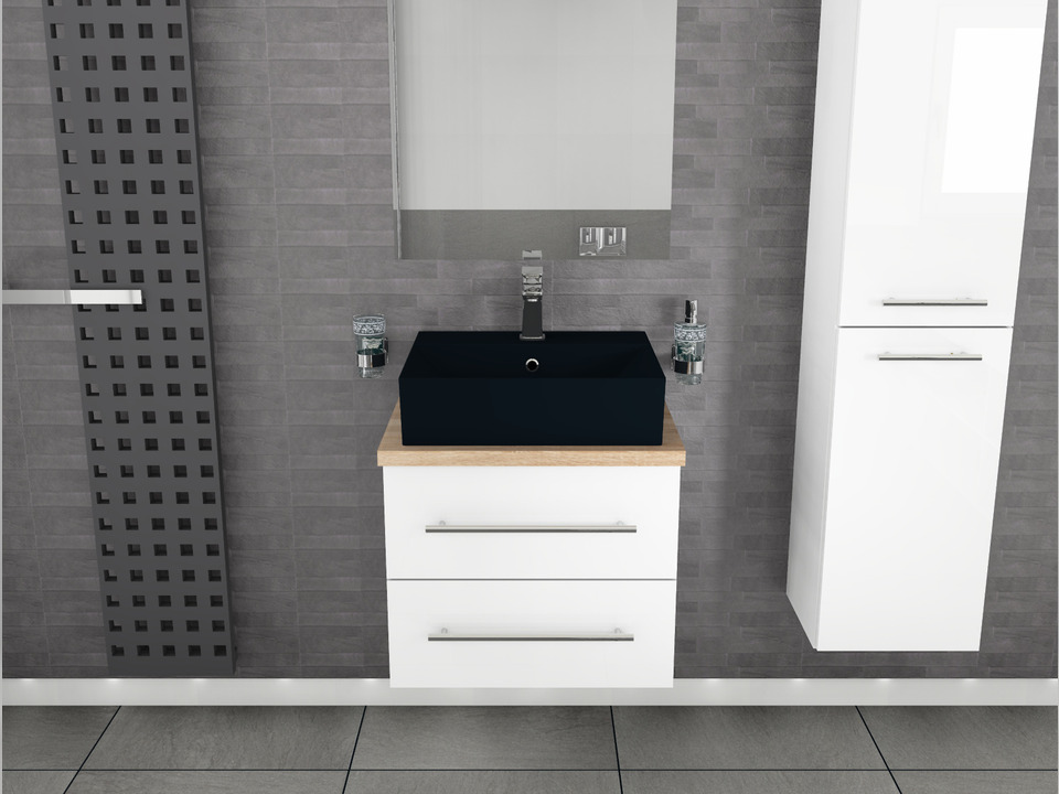 Flex Badm&ouml;bel 60, Wei&szlig; Hochglanz Lackiert, Keramik Waschbecken, Tr&auml;gerplatte