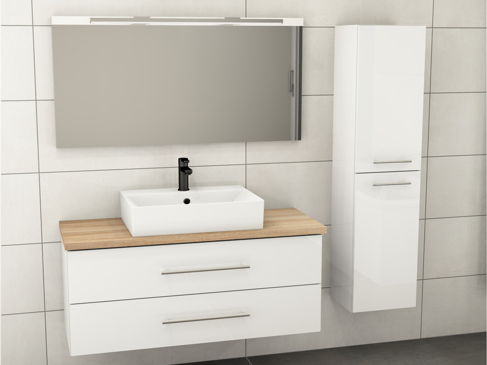 Flex Badm&ouml;bel 120, Wei&szlig; Hochglanz Lackiert, Keramik Waschbecken, Tr&auml;gerplatte