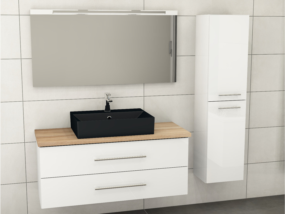 Flex Badm&ouml;bel 120, Wei&szlig; Hochglanz Lackiert, Keramik Waschbecken, Tr&auml;gerplatte