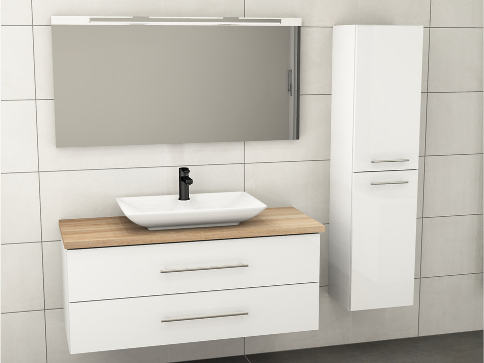 Flex Badm&ouml;bel 120, Wei&szlig; Hochglanz Lackiert, Keramik Waschbecken, Tr&auml;gerplatte