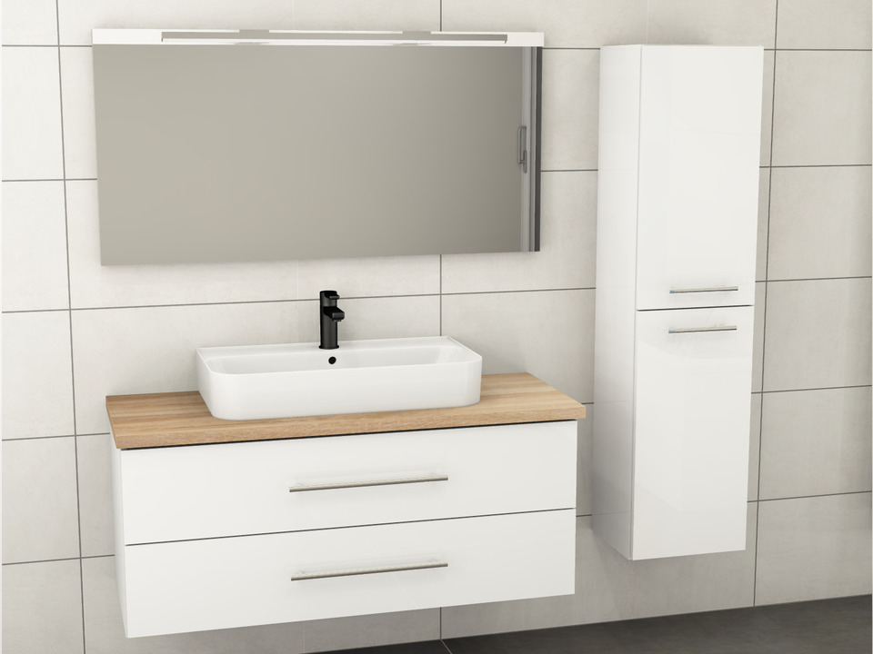 Flex Badm&ouml;bel 120, Wei&szlig; Hochglanz Lackiert, Keramik Waschbecken, Tr&auml;gerplatte