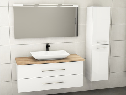 Flex Badmöbel 120, Weiß Hochglanz Lackiert, Keramik Waschbecken, Trägerplatte