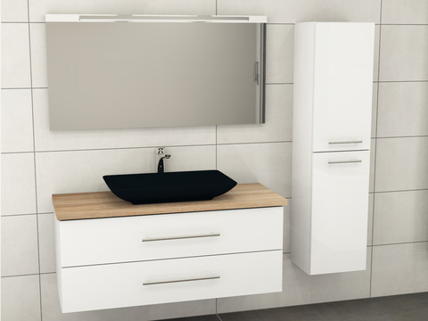 Flex Badmöbel 120, Weiß Hochglanz Lackiert, Keramik Waschbecken, Trägerplatte