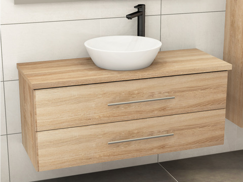Flex Badmöbel 120, Eiche Gold, Keramik Waschbecken, Trägerplatte