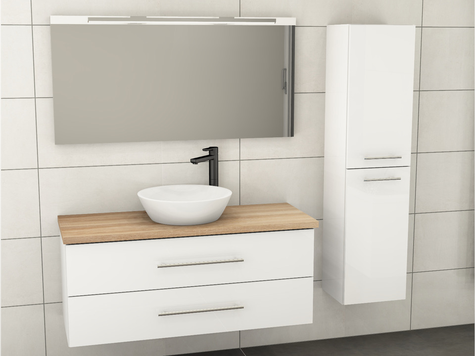 Flex Badm&ouml;bel 120, Wei&szlig; Hochglanz Lackiert, Keramik Waschbecken, Tr&auml;gerplatte