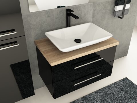 Flex Badmöbel 80, Schwarz Hochglanz Lackiert, Keramik Waschbecken, Trägerplatte
