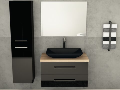 Flex Badmöbel 80, Schwarz Hochglanz Lackiert, Keramik Waschbecken, Trägerplatte