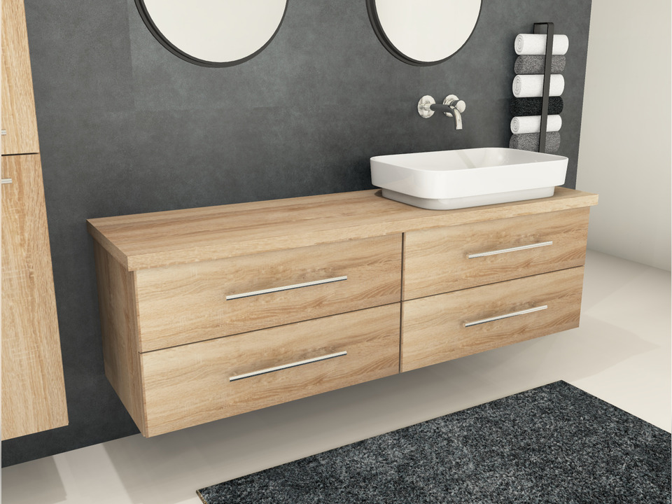 Flex Badm&ouml;bel 160, Eiche Gold, Keramik Waschbecken, Tr&auml;gerplatte