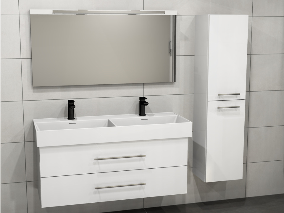 Flex Badm&ouml;bel 120, Wei&szlig; Hochglanz Lackiert, Keramik Waschbecken