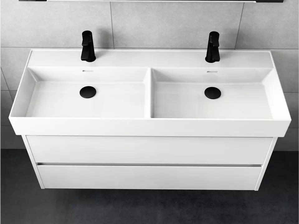 Duo Badm&ouml;bel 120, Wei&szlig; Hochglanz Lackiert, Keramik Waschbecken