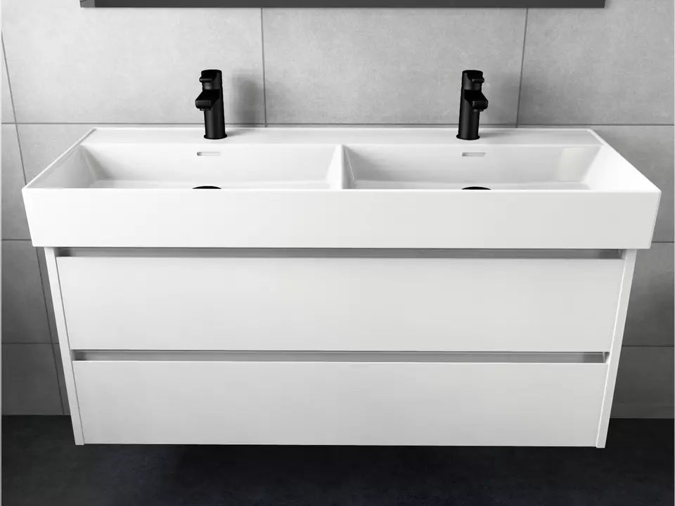 Duo Badm&ouml;bel 120, Wei&szlig; Hochglanz Lackiert, Keramik Waschbecken