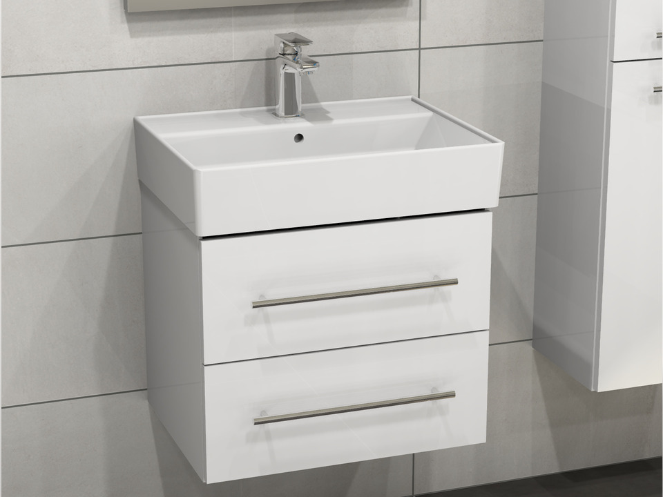 Flex Badm&ouml;bel 60, Wei&szlig; Hochglanz Lackiert, Keramik Waschbecken