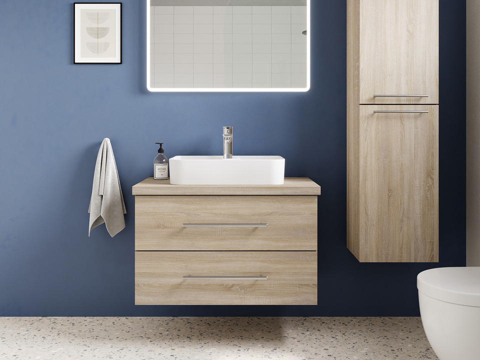 Flex Badm&ouml;bel 80, Eiche Gold, Keramik Waschbecken, Tr&auml;gerplatte