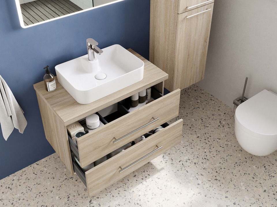 Flex Badm&ouml;bel 80, Eiche Gold, Keramik Waschbecken, Tr&auml;gerplatte