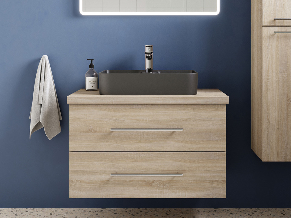Flex Badm&ouml;bel 80, Eiche Gold, Keramik Waschbecken, Tr&auml;gerplatte