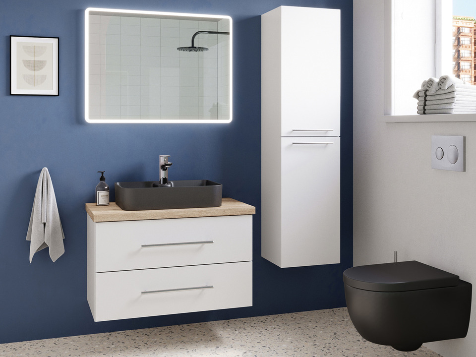 Flex Badm&ouml;bel 80, Wei&szlig; Hochglanz Lackiert, Keramik Waschbecken, Tr&auml;gerplatte