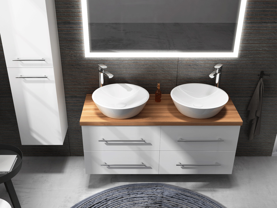 Flex Badm&ouml;bel 120, Wei&szlig; Hochglanz Lackiert, Doppelwaschtisch, Tr&auml;gerplatte