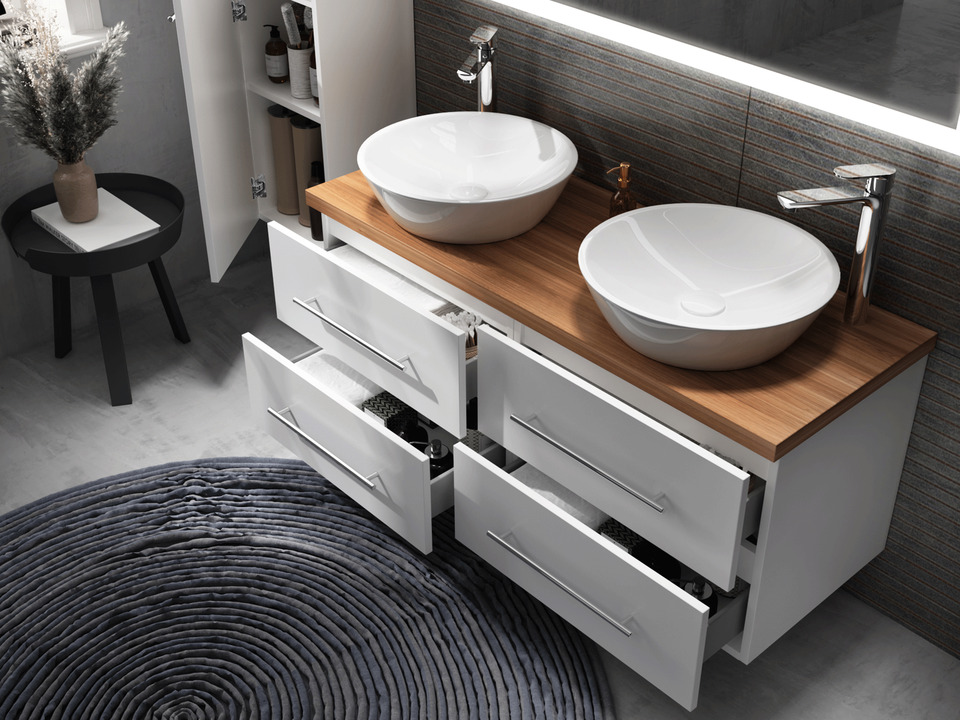 Flex Badm&ouml;bel 120, Wei&szlig; Hochglanz Lackiert, Doppelwaschtisch, Tr&auml;gerplatte