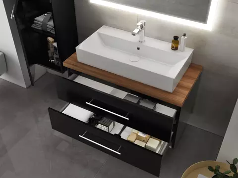 Flex Badmöbel 100, Schwarz Hochglanz Lackiert,...