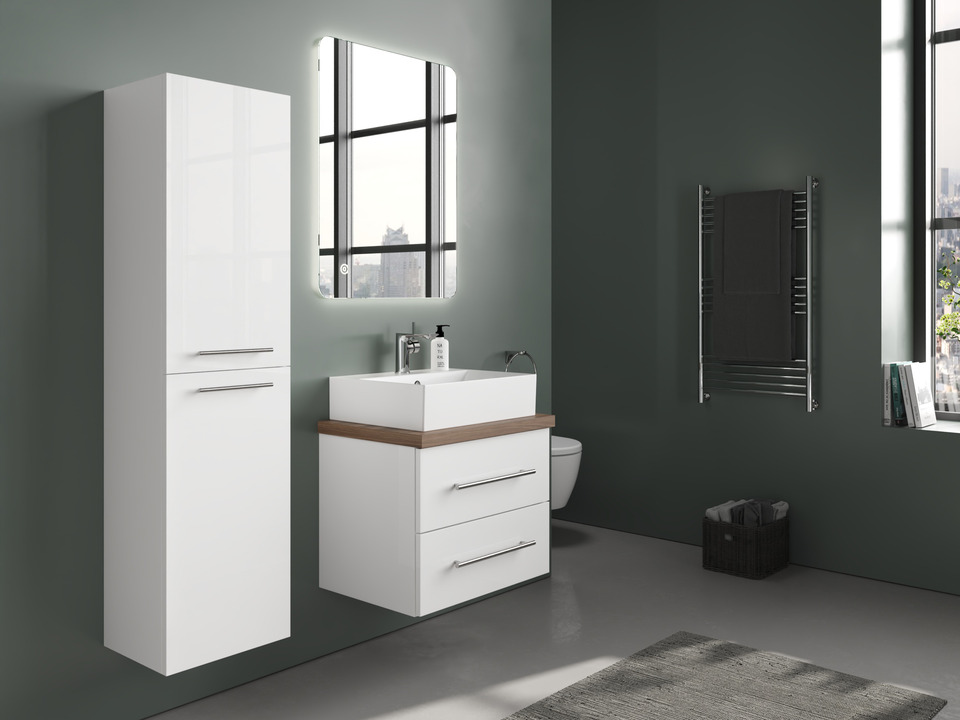 Flex Badm&ouml;bel 60, Wei&szlig; Hochglanz, Keramik Waschbecken, Tr&auml;gerplatte