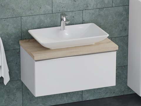 Smile Badmöbel 80, Weiß Hochglanz Lackiert, Keramik Waschbecken, Trägerplatte
