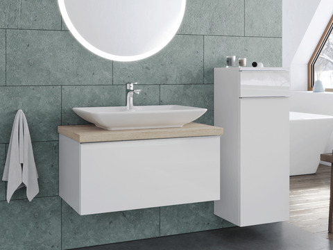 Smile Badmöbel 80, Weiß Hochglanz Lackiert, Keramik Waschbecken, Trägerplatte