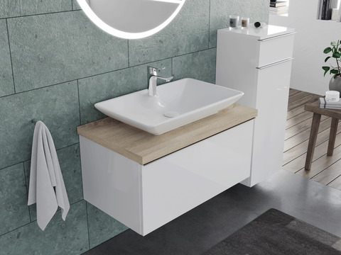 Smile Badmöbel 80, Weiß Hochglanz Lackiert, Keramik Waschbecken, Trägerplatte