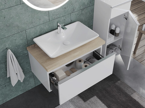 Smile Badmöbel 80, Weiß Hochglanz Lackiert, Keramik Waschbecken, Trägerplatte