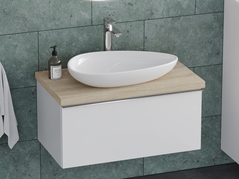 Smile Badm&ouml;bel 80, Wei&szlig; Hochglanz Lackiert, Keramik Waschbecken, Tr&auml;gerplatte