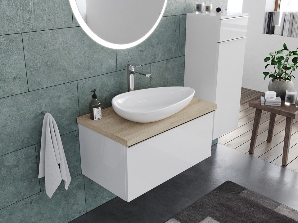 Smile Badm&ouml;bel 80, Wei&szlig; Hochglanz Lackiert, Keramik Waschbecken, Tr&auml;gerplatte