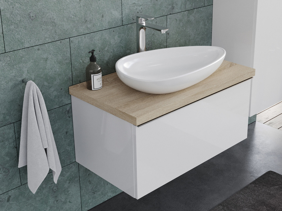 Smile Badm&ouml;bel 80, Wei&szlig; Hochglanz Lackiert, Keramik Waschbecken, Tr&auml;gerplatte