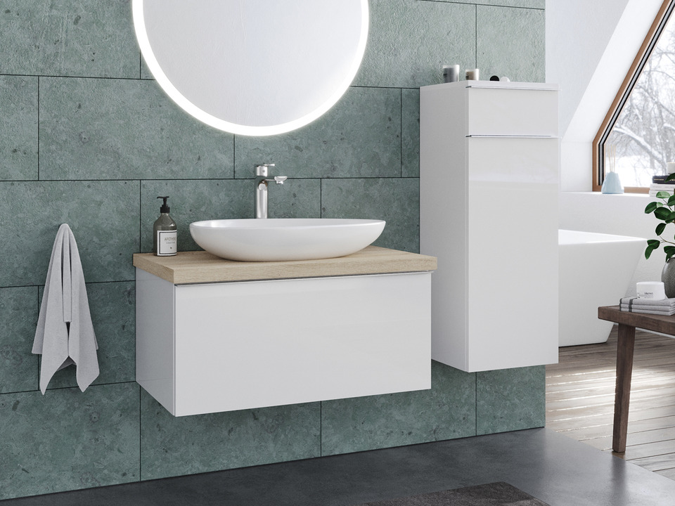 Smile Badm&ouml;bel 80, Wei&szlig; Hochglanz Lackiert, Keramik Waschbecken, Tr&auml;gerplatte
