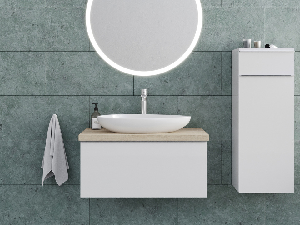 Smile Badm&ouml;bel 80, Wei&szlig; Hochglanz Lackiert, Keramik Waschbecken, Tr&auml;gerplatte