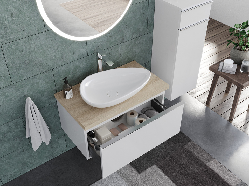Smile Badm&ouml;bel 80, Wei&szlig; Hochglanz Lackiert, Keramik Waschbecken, Tr&auml;gerplatte