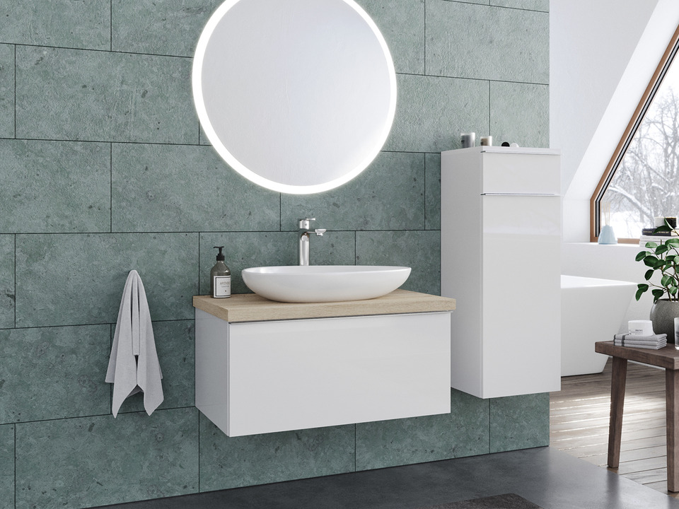 Smile Badm&ouml;bel 80, Wei&szlig; Hochglanz Lackiert, Keramik Waschbecken, Tr&auml;gerplatte