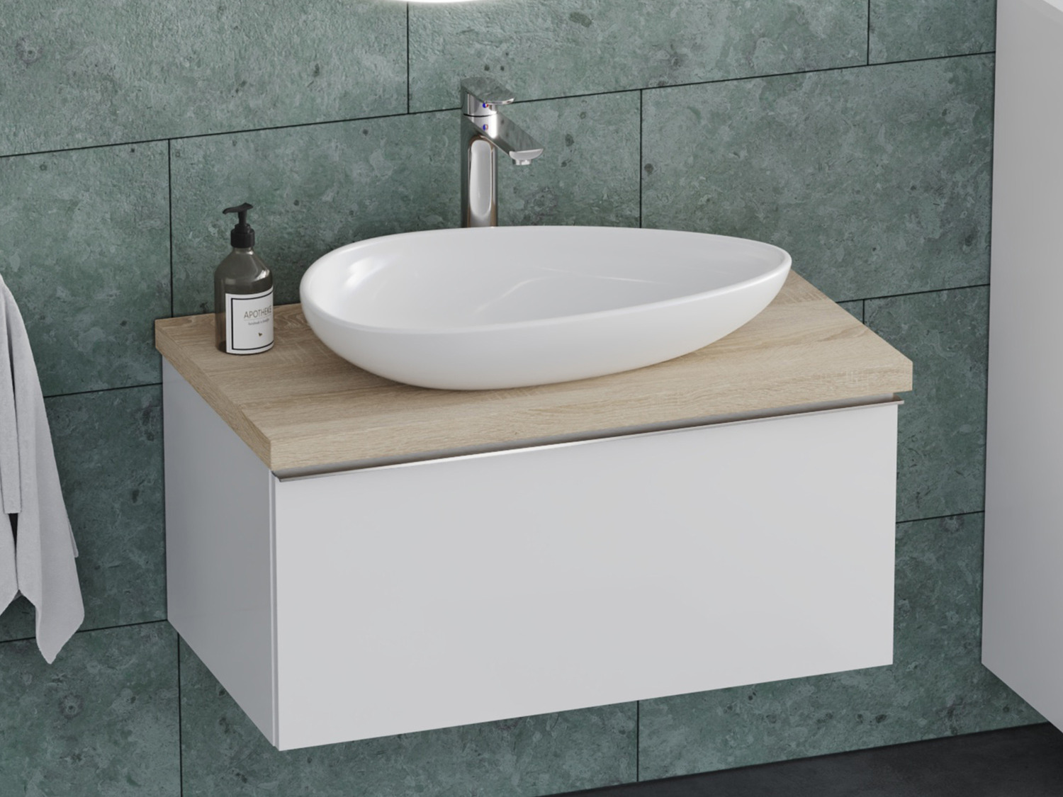 Smile Badm&ouml;bel 80, Wei&szlig; Hochglanz Lackiert, Keramik Waschbecken, Tr&auml;gerplatte