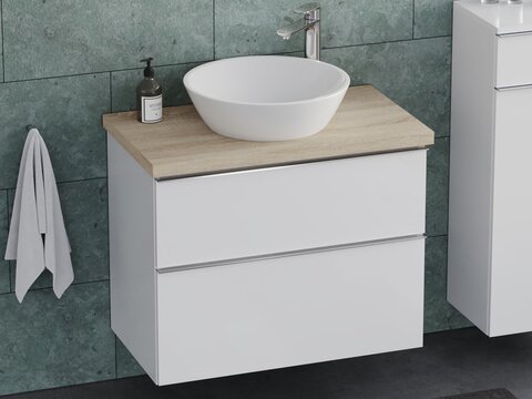 Smile Badmöbel 80, Weiß Hochglanz Lackiert, Keramik Waschbecken, Trägerplatte