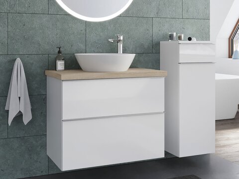 Smile Badmöbel 80, Weiß Hochglanz Lackiert, Keramik Waschbecken, Trägerplatte