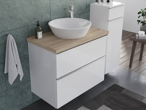 Smile Badmöbel 80, Weiß Hochglanz Lackiert, Keramik Waschbecken, Trägerplatte