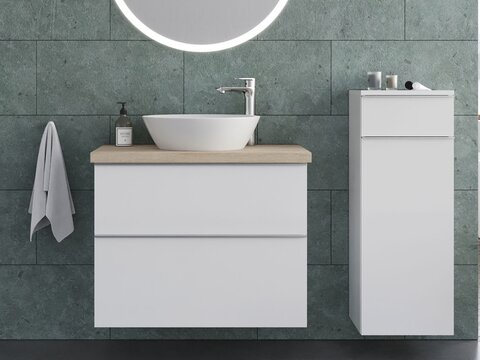 Smile Badmöbel 80, Weiß Hochglanz Lackiert, Keramik Waschbecken, Trägerplatte