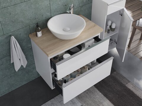Smile Badmöbel 80, Weiß Hochglanz Lackiert, Keramik Waschbecken, Trägerplatte