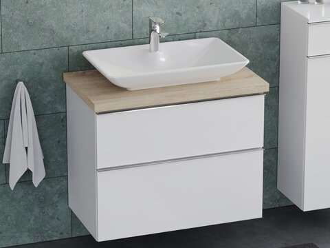Smile Badmöbel 80, Weiß Hochglanz Lackiert, Keramik Waschbecken, Trägerplatte