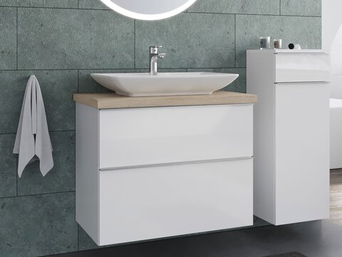 Smile Badmöbel 80, Weiß Hochglanz Lackiert, Keramik Waschbecken, Trägerplatte