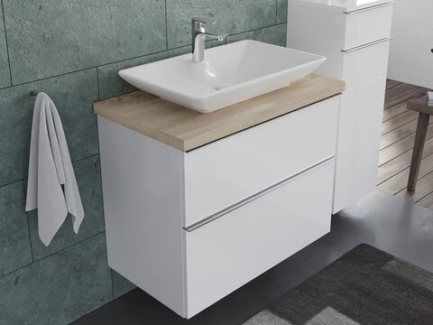 Smile Badmöbel 80, Weiß Hochglanz Lackiert, Keramik Waschbecken, Trägerplatte