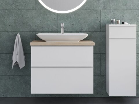 Smile Badmöbel 80, Weiß Hochglanz Lackiert, Keramik Waschbecken, Trägerplatte