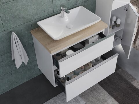 Smile Badmöbel 80, Weiß Hochglanz Lackiert, Keramik Waschbecken, Trägerplatte